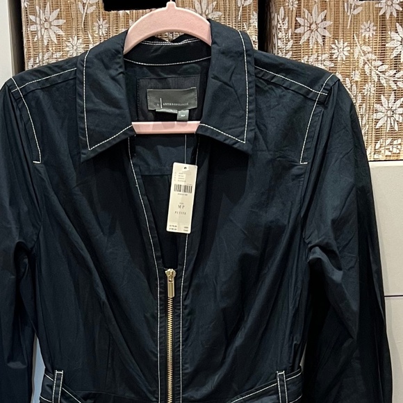 NWT By Anthropologie Long-Sleeve Navy Blue Belted Front-Zip Midi Dress size MP - Picture 4 of 5